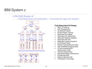 Dependable Systems Course PT 2014
IBM System z
29
© 2011 IBM Corporation57
IBM zEnterprise
z196 RAS Design of
……..Fully Redundant I/O Subsystem – of existing IO cage and drawers
Fully Redundant I/O Design
 SAP / CP sparing
 SAP Reassignment
 I/O Reset & Failover
 I/O Mux Reset / Failover
 Redundant I/O Adapter
 Redundant I/O interconnect
 Redundant Network Adapters
 Redundant ISC links
 Redundant Crypto processors
 I/O Switched Fabric
 Network Switched/Router Fabric
 High Availability Plugging Rules
 I/O and coupling fanout
rebalancing on CBA
 Channel Initiated Retry
 High Data Integrity Infrastructure
 I/O Alternate Path
 Network Alternate Path
 Virtualization Technology
processor
Failover
I/O Mux
I/O Hub I/O Hub
I/O Mux I/O Mux I/O Mux
Failover
I/Oadapter.
I/Oadapter.
Networkadapter.
Networkadapter.
CryproAccelerator
CryptoAccelerator
ISCLinks
ISCLinks
Alternate Path
I/O
Switch
Control
Unit
I/O
Switch
Control
Unit
Network
Switch
End
User
Network
Switch
End
User
 