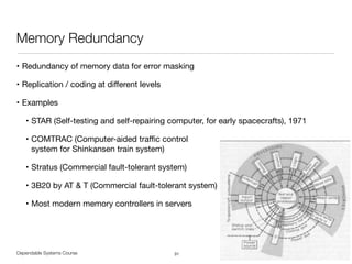 Dependable Systems Course PT 2014
Memory Redundancy
• Redundancy of memory data for error masking

• Replication / coding at diﬀerent levels

• Examples

• STAR (Self-testing and self-repairing computer, for early spacecrafts), 1971

• COMTRAC (Computer-aided traﬃc control  
system for Shinkansen train system)

• Stratus (Commercial fault-tolerant system)

• 3B20 by AT & T (Commercial fault-tolerant system)

• Most modern memory controllers in servers
31
 