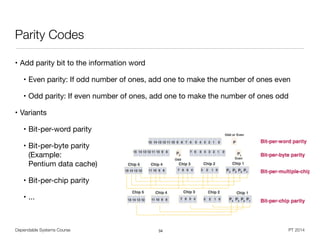 Dependable Systems Course PT 2014
Parity Codes
• Add parity bit to the information word

• Even parity: If odd number of ones, add one to make the number of ones even

• Odd parity: If even number of ones, add one to make the number of ones odd

• Variants

• Bit-per-word parity

• Bit-per-byte parity  
(Example:  
Pentium data cache)

• Bit-per-chip parity

• ...
34
 