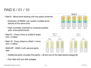 Dependable Systems Course PT 2014
RAID 6 / 01 / 10
• Raid 6 - Block-level striping with two parity schemes

• Extension of RAID5, can sustain multiple drive 
failures at the same time

• High controller overhead to compute parities, 
poor write performance

• Raid 01 - Every mirror is a Raid 0 stripe  
(min. 4 disks)

• Raid 10 - Every stripe is a Raid 1 mirror  
(min. 4 disks)

• RAID DP - RAID 4 with second parity 
disk

• Additional parity includes ﬁrst parity + all but one of the data blocks (diagonal)

• Can deal with two disk outages 
59
 