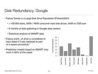 Dependable Systems Course PT 2014
Disk Redundancy: Google
• Failure Trends in a Large Disk Drive Population [Pinheiro2007]

• > 100.000 disks, SATA / PATA consumer hard disk drives, 5400 to 7200 rpm

• 9 months of data gathering in Google data centers

• Statistical analysis of SMART data

• Failure event: „A drive is considered to  
have failed if it was replaced as part  
of a repairs procedure.“
• Prediction models based on SMART only  
work in 56% of the cases
63
 