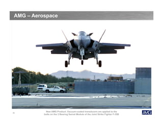 AMG – Aerospace

25

New AMG Product: Vacuum-coated transducers are applied to the
bolts on the 3 Bearing Swivel Module of the Joint Strike Fighter F-35B

 