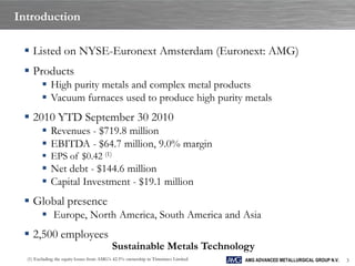 Introduction

  Listed on NYSE-Euronext Amsterdam (Euronext: AMG)
  Products
          High purity metals and complex metal products
          Vacuum furnaces used to produce high purity metals
  2010 YTD September 30 2010
          Revenues - $719.8 million
          EBITDA - $64.7 million, 9.0% margin
          EPS of $0.42 (1)
          Net debt - $144.6 million
          Capital Investment - $19.1 million
  Global presence
          Europe, North America, South America and Asia
  2,500 employees
                                           Sustainable Metals Technology
  (1) Excluding the equity losses from AMG’s 42.5% ownership in Timminco Limited   AMG ADVANCED METALLURGICAL GROUP N.V.   3
 