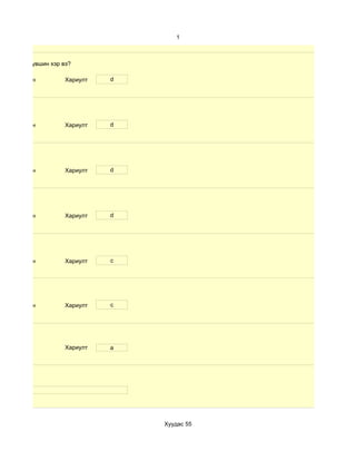 1



чадварын түвшин хэр вэ?

d. Маш сайн          Хариулт   d




d. Маш сайн          Хариулт   d




d. Маш сайн          Хариулт   d




d. Маш сайн          Хариулт   d




d. Маш сайн          Хариулт   c




d. Маш сайн          Хариулт   c




                     Хариулт   a




                                   Хуудас 55
 