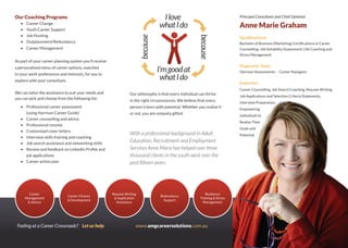 Career
Management
& Advice
Career Choices
 Development
Resume Writing
 Application
Assistance
Redundancy
Support
Resilience 
Training  Stress 
Management
Principal Consultant and Chief Optimist
Anne Marie Graham
Qualifications:
Bachelor of Business (Marketing) Certifications in Career
Counselling, Job Suitability Assessment, Life Coaching and
Stress Management
Diagnostic Tools:
Harrison Assessments – Career Navigator
Expertise:
Career Counselling, Job Search Coaching, Resume Writing,
Job Applications and Selection Criteria Statements,
Interview Preparation,
Empowering
Individuals to
Realise Their
Goals and
Potential
Our philosophy is that every individual can thrive
in the right circumstances. We believe that every
person is born with potential. Whether you realise it
or not, you are uniquely gifted.
With a professional background in Adult
Education, Recruitment and Employment
Services Anne Marie has helped over three
thousand clients in the south west over the
past fifteen years.
Our Coaching Programs
•	 Career Change
•	 Youth Career Support
•	 Job Hunting
•	 Outplacement/Redundancy
•	 Career Management
As part of your career planning system you’ll receive
a personalised menu of career options, matched
to your work preferences and interests, for you to
explore with your consultant.
We can tailor the assistance to suit your needs and
you can pick and choose from the following list:
•	 Professional career assessment
(using Harrison Career Guide)
•	 Career counselling and advice
•	 Professional resume
•	 Customised cover letters
•	 Interview skills training and coaching
•	 Job search assistance and networking skills
•	 Review and feedback on LinkedIn Profile and
job applications
•	 Career action plan
Ilove
whatIdo
I’mgoodat
whatIdo
because
because
Feeling at a Career Crossroads? Let us help www.amgcareersolutions.com.au
 