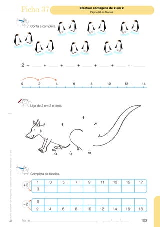 Ficha 37                                                  Efectuar contagens de 2 em 2
                                                                                                                                             Página 88 do Manual




                                                                                    Conta e completa.




                                                                           2 +       _______    +   _______      +   _______        +   _______     +   _______       +   _______    =   _________




                                                                           0                2                4              6                   8                10             12             14




                                                                                    Liga de 2 em 2 e pinta.


                                                                                                                                        4

                                                                                                0                2                                  6



                                                                                                                                                        8




                                                                                                        16                      18
TEXTO EDITORA • Os Amiguinhos – Caderno de Fichas • Matemática • 1.o ano




                                                                                                         14            12                   10




                                                                                    Completa as tabelas.

                                                                                        1           3            5              7           9               11        13            15       17
                                                                               +2
                                                                                        3


                                                                                        0
                                                                               –2
                                                                                        2           4            6              8           10          12            14            16       18


                                                                           Nome ______________________________________________                               _____ /_____ /_____               103
 