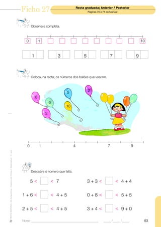 Ficha 27                                  Recta graduada; Anterior / Posterior
                                                                                                                              Páginas 70 e 71 do Manual




                                                                                  Observa e completa.



                                                                             0            1                                                                              10



                                                                                  1                   3                   5                     7                    9



                                                                                  Coloca, na recta, os números dos balões que voaram.



                                                                                                                              2
                                                                                                          5
                                                                                      8
                                                                                                  6
                                                                                                          10
                                                                                              3




                                                                              0           1                      4                             7                 9
TEXTO EDITORA • Os Amiguinhos – Caderno de Fichas • Matemática • 1.o ano




                                                                                  Descobre o número que falta.


                                                                           1+5<                   < 7                         3+3<                   < 4+4


                                                                           1+6<                   < 4+5                       0+8<                   < 5+5


                                                                           2+5<                   < 4+5                       3+4<                   < 9+0

                                                                           Nome ______________________________________________             _____ /_____ /_____            93
 