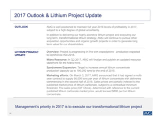 2929
2017 Outlook & Lithium Project Update
Management’s priority in 2017 is to execute our transformational lithium project
OUTLOOK AMG is well positioned to maintain full year 2016 levels of profitability in 2017,
subject to a high degree of global uncertainty.
In addition to delivering our highly accretive lithium project and executing our
long term, transformational lithium strategy, AMG will continue to pursue other
acquisition opportunities and organic growth projects in order to generate long
term value for our shareholders.
LITHIUM PROJECT
UPDATE
Overview: Project is progressing in-line with expectations - production expected
to commence mid-2018.
Mibra Resource: In Q2 2017, AMG will finalize and publish an updated resource
statement for the Mibra mine.
Spodumene Expansion: Target to increase annual lithium concentrate
production capacity up to 180,000 tons by the end of 2019.
Marketing efforts: On March 3, 2017, AMG announced that it had signed a multi-
year contract to supply 90,000 tons per year of lithium concentrate with deliveries
commencing in the second half of 2018. Sales prices are partially indexed to the
published market price of lithium carbonate, subject to a contractual minimum
threshold. The sales price (CIF China), determined with reference to the current
published lithium carbonate market price, would exceed $800 per ton lithium
concentrate.
 