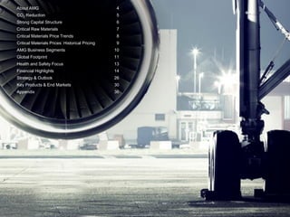 About AMG 4
CO2 Reduction 5
Strong Capital Structure 6
Critical Raw Materials 7
Critical Materials Price Trends 8
Critical Materials Prices: Historical Pricing 9
AMG Business Segments 10
Global Footprint 11
Health and Safety Focus 13
Financial Highlights 14
Strategy & Outlook 26
Key Products & End Markets 30
Appendix 36
2
 