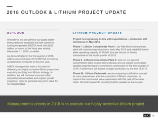 2018 OU TLOOK & LITH IU M PR OJ EC T U PD ATE
Management’s priority in 2018 is to execute our highly accretive lithium project
L I T H I U M P R O J E C T U P D AT EO U T L O O K
We believe we can achieve our goals earlier
than previously expected and can commit to
turning the present EBITDA level into $200
million, or more, in the fiscal year ending
December 31, 2020, or earlier.
As demonstrated in the first quarter of 2018,
AMG expects full year 2018 EBITDA to improve
considerably compared to the prior year.
AMG's management team is focused on
delivering our highly accretive lithium project and
executing our long term lithium strategy. In
addition, we will continue to pursue other
acquisition opportunities and organic growth
projects in order to generate long term value for
our shareholders.
Project is progressing in-line with expectations – production will
commence in May 2018.
Phase I - Lithium Concentrate Plant 1: our first lithium concentrate
plant will commence production in early May 2018 and reach full name-
plate operating capacity of 90,000 tons per annum of lithium
concentrate in the fourth quarter of 2018.
Phase II - Lithium Concentrate Plant 2: work on our second
concentration plant is also well underway and we expect to complete
detailed engineering and commence construction in the third quarter of
2018. Furthermore, we expect to begin production by the end of 2019.
Phase III - Lithium Carbonate: we are preparing a definitive concept
to move downstream into the production of lithium chemicals, to
capture the incremental value associated with this part of the value
chain. We look forward to providing further updates in due course.
29
 