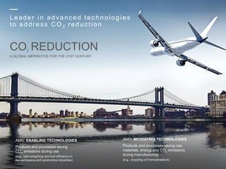 Leader in advanc ed tec hnologies
to addr es s C O 2 r e d u c tio n
AMG: MITIGATING TECHNOLOGIES
Products and processes saving raw
materials, energy and CO2 emissions
during manufacturing
(e.g., recycling of Ferrovanadium)
AMG: ENABLING TECHNOLOGIES
Products and processes saving
CO2 emissions during use
(e.g., light-weighting and fuel efficiency in
the aerospace and automotive industries)
A GLOBAL IMPERATIVE FOR THE 21ST CENTURY
CO2 REDUCTION
 