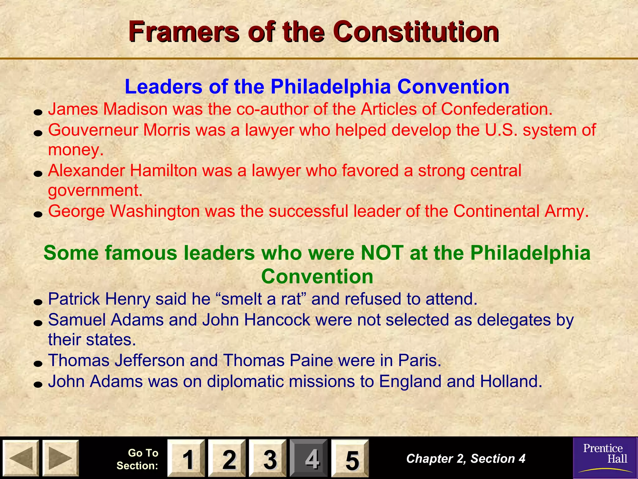 11 22 33Go ToGo To
Section:Section: 44 55
Framers of the ConstitutionFramers of the Constitution
Leaders of the Philadelphia Convention
• James Madison was the co-author of the Articles of Confederation.
• Gouverneur Morris was a lawyer who helped develop the U.S. system of
money.
• Alexander Hamilton was a lawyer who favored a strong central
government.
• George Washington was the successful leader of the Continental Army.
Some famous leaders who were NOT at the Philadelphia
Convention
• Patrick Henry said he “smelt a rat” and refused to attend.
• Samuel Adams and John Hancock were not selected as delegates by
their states.
• Thomas Jefferson and Thomas Paine were in Paris.
• John Adams was on diplomatic missions to England and Holland.
Chapter 2, Section 4Chapter 2, Section 4
22 3311 55
 