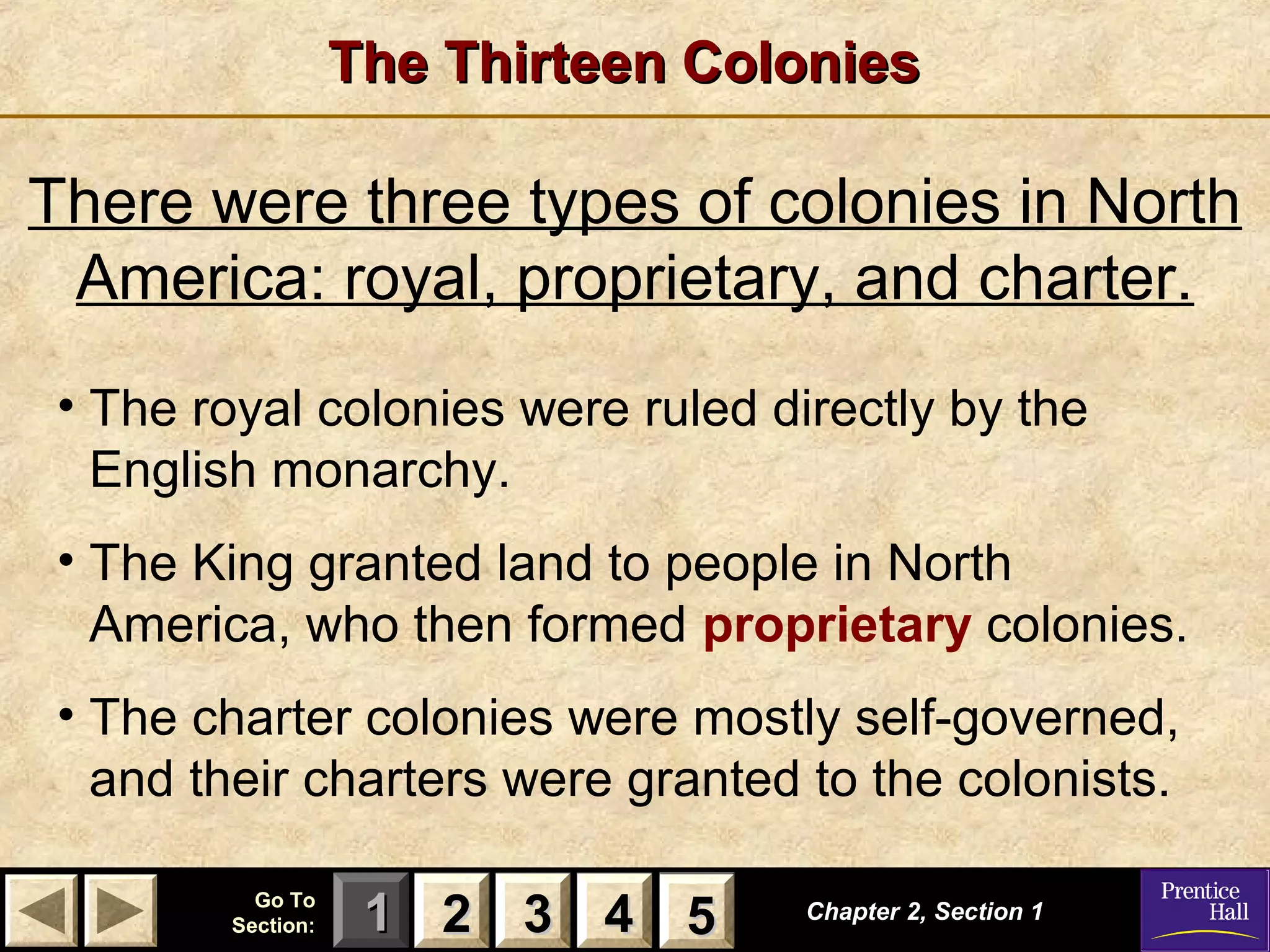 11 22 33Go ToGo To
Section:Section: 44 55
The Thirteen ColoniesThe Thirteen Colonies
Chapter 2, Section 1Chapter 2, Section 1
There were three types of colonies in North
America: royal, proprietary, and charter.
22 33 44 55
• The royal colonies were ruled directly by the
English monarchy.
• The King granted land to people in North
America, who then formed proprietary colonies.
• The charter colonies were mostly self-governed,
and their charters were granted to the colonists.
 