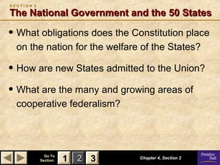 SECTION 2

The National Government and the 50 States

• What obligations does the Constitution place
on the nation for the welfare of the States?

• How are new States admitted to the Union?
• What are the many and growing areas of
cooperative federalism?

Go To
Section:

1 2 3

Chapter 4, Section 2

 