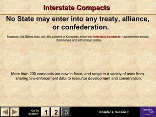 Interstate Compacts
No State may enter into any treaty, alliance,
or confederation.
However, the States may, with the consent of Congress, enter into interstate compacts—agreements among
themselves and with foreign states.

More than 200 compacts are now in force, and range in a variety of uses from
sharing law-enforcement data to resource development and conservation.

Go To
Section:

1 2 3

Chapter 4, Section 3

 