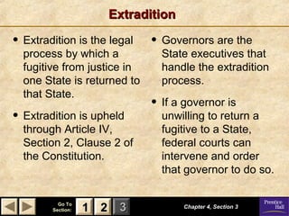 Extradition

• Extradition is the legal

process by which a
fugitive from justice in
one State is returned to
that State.

• Extradition is upheld

through Article IV,
Section 2, Clause 2 of
the Constitution.

Go To
Section:

1 2 3

• Governors are the

State executives that
handle the extradition
process.

• If a governor is

unwilling to return a
fugitive to a State,
federal courts can
intervene and order
that governor to do so.

Chapter 4, Section 3

 