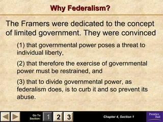 Why Federalism?

The Framers were dedicated to the concept
of limited government. They were convinced
(1) that governmental power poses a threat to
individual liberty,
(2) that therefore the exercise of governmental
power must be restrained, and
(3) that to divide governmental power, as
federalism does, is to curb it and so prevent its
abuse.
Go To
Section:

1 2 3

Chapter 4, Section 1

 
