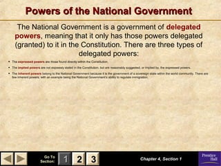 Powers of the National Government
The National Government is a government of delegated
powers, meaning that it only has those powers delegated
(granted) to it in the Constitution. There are three types of
delegated powers:
•
•
•

The expressed powers are those found directly within the Constitution.
The implied powers are not expressly stated in the Constitution, but are reasonably suggested, or implied by, the expressed powers.
The inherent powers belong to the National Government because it is the government of a sovereign state within the world community. There are
few inherent powers, with an example being the National Government’s ability to regulate immigration.

Go To
Section:

1 2 3

Chapter 4, Section 1

 