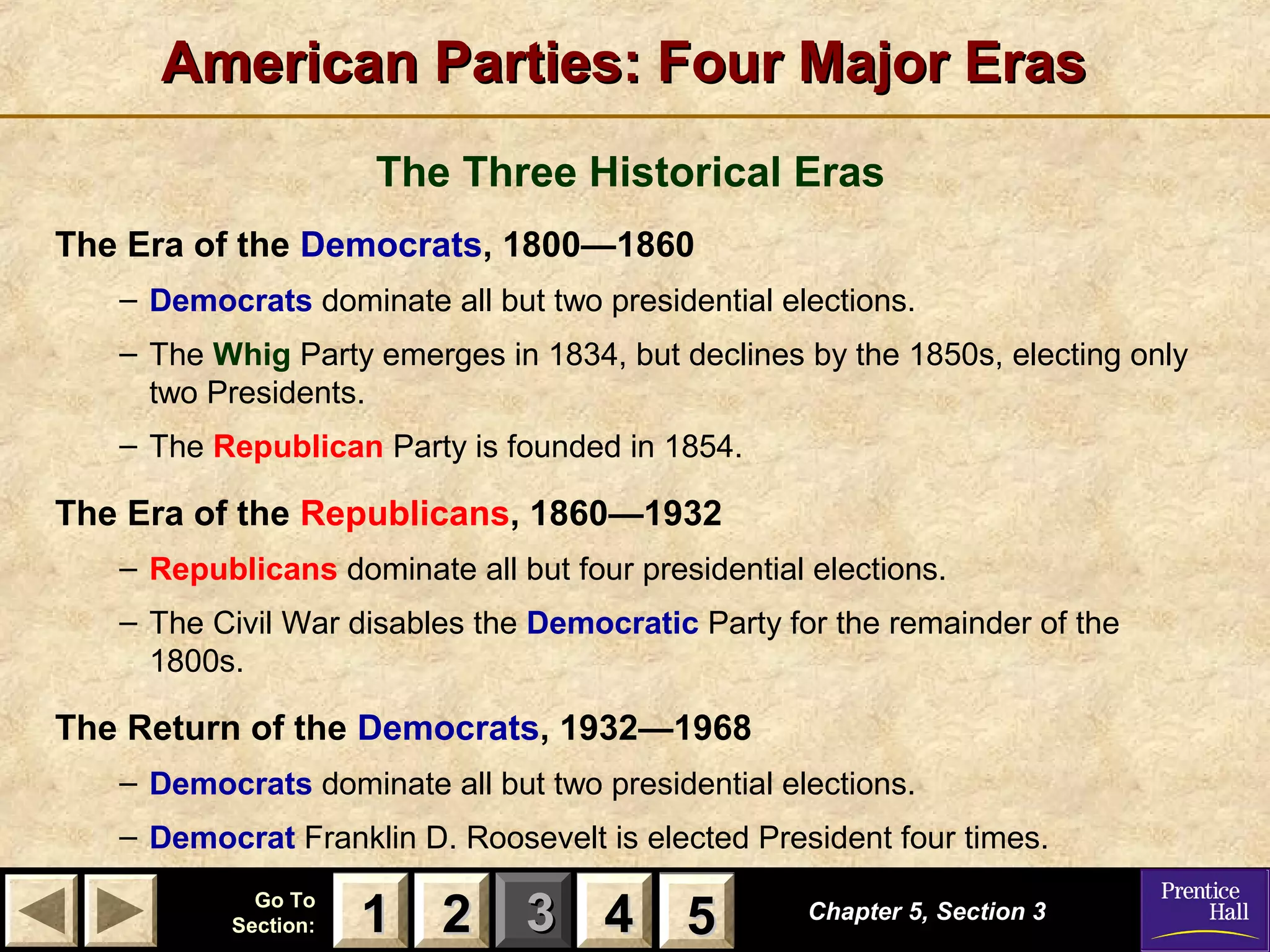 American Parties: Four Major Eras
The Three Historical Eras
The Era of the Democrats, 1800—1860
– Democrats dominate all but two presidential elections.
– The Whig Party emerges in 1834, but declines by the 1850s, electing only
two Presidents.
– The Republican Party is founded in 1854.

The Era of the Republicans, 1860—1932
– Republicans dominate all but four presidential elections.
– The Civil War disables the Democratic Party for the remainder of the
1800s.

The Return of the Democrats, 1932—1968
– Democrats dominate all but two presidential elections.
– Democrat Franklin D. Roosevelt is elected President four times.
Go To
Section:

1 2 3 4 5
5

Chapter 5, Section 3

 
