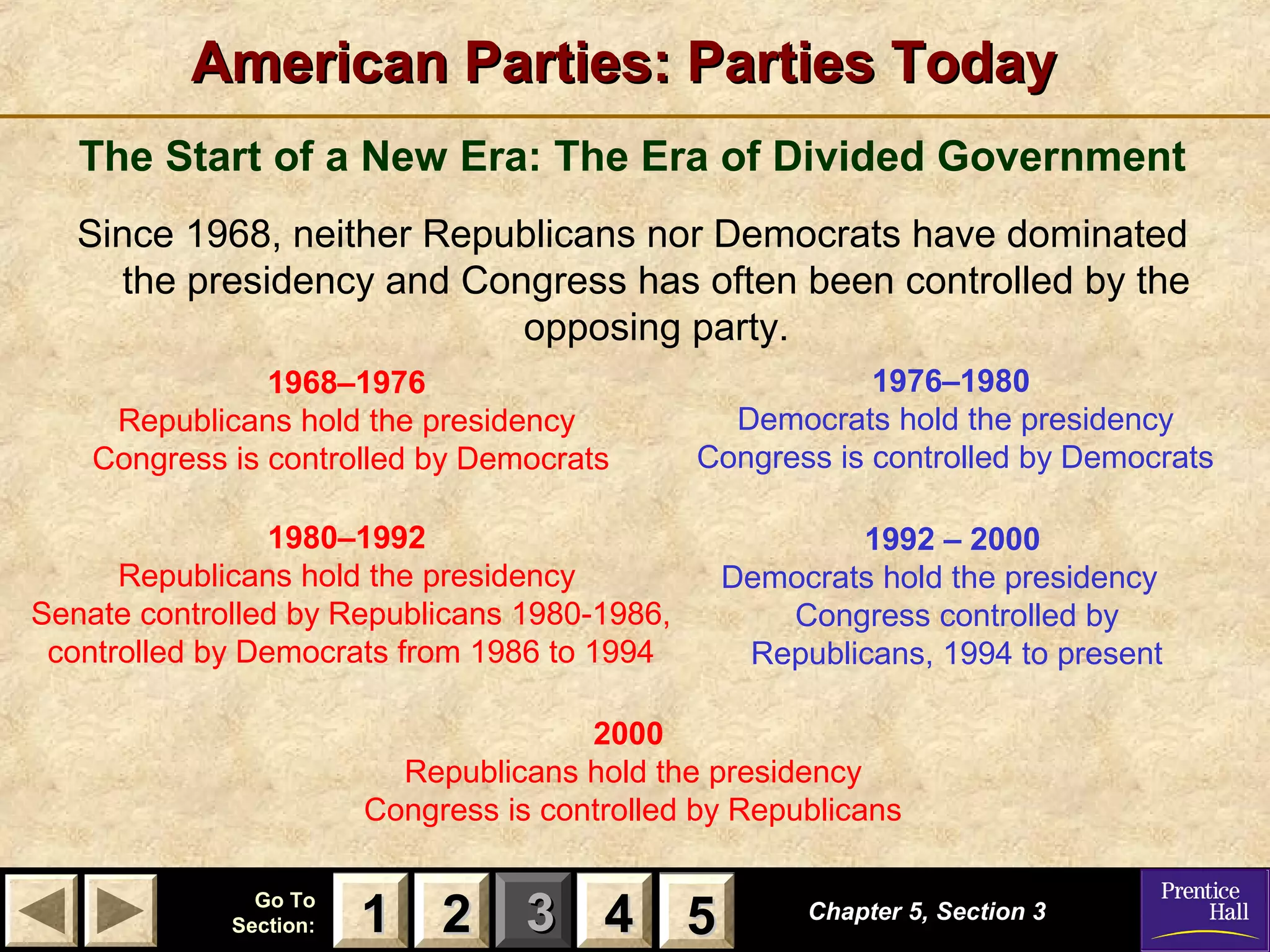 American Parties: Parties Today
The Start of a New Era: The Era of Divided Government
Since 1968, neither Republicans nor Democrats have dominated
the presidency and Congress has often been controlled by the
opposing party.
1968–1976
Republicans hold the presidency
Congress is controlled by Democrats

1976–1980
Democrats hold the presidency
Congress is controlled by Democrats

1980–1992
Republicans hold the presidency
Senate controlled by Republicans 1980-1986,
controlled by Democrats from 1986 to 1994

1992 – 2000
Democrats hold the presidency
Congress controlled by
Republicans, 1994 to present

2000
Republicans hold the presidency
Congress is controlled by Republicans
Go To
Section:

1 2 3 4 5
5

Chapter 5, Section 3

 