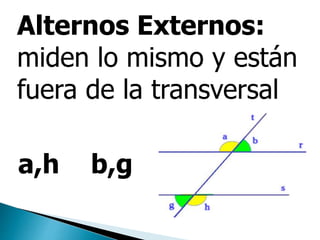 Alternos Externos:
miden lo mismo y están
fuera de la transversal
a,h b,g