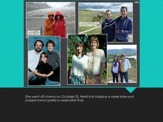 She went off chemo on October 25. Went into Hospice a week later and
passed away quietly a weekafter that.
 