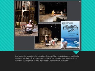 She taught a wonderful improv boot camp. She provided opportunities for
students to direct. She organized daytime performances so elementary
students could go on a field trip to see Charlie and Charlotte.
 
