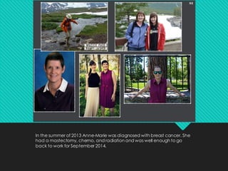 In the summer of 2013 Anne-Marie was diagnosed with breast cancer. She
had a mastectomy, chemo, and radiation and was well enough to go
back to work for September 2014.
 