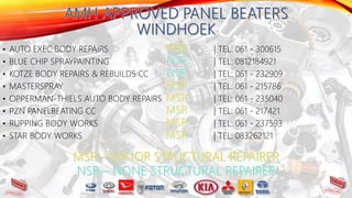 • AUTO EXEC BODY REPAIRS | TEL: 061 - 300615
• BLUE CHIP SPRAYPAINTING | TEL: 0812184921
• KOTZE BODY REPAIRS & REBUILDS CC | TEL: 061 - 232909
• MASTERSPRAY | TEL: 061 - 215786
• OPPERMAN-THIELS AUTO BODY REPAIRS | TEL: 061 - 235040
• PZN PANELBEATING CC | TEL: 061 - 217421
• RUPPING BODY WORKS | TEL: 061 - 237593
• STAR BODY WORKS | TEL: 083262121
 