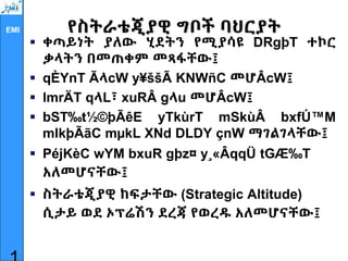 EMI የስትራቴጂያዊ ግቦች ባህርያት
 ቀጣይነት ያለው ሂደትን የሚያሳዩ DRgþT ተኮር
ቃላትን በመጠቀም መጻፋቸው፤
 qÈYnT ÃላcW y¥ššÃ KNWñC መሆÂcW፤
 lmrÄT qላL፣ xuRÂ gላu መሆÂcW፤
 bST‰t½©þÃêE yTkùrT mSkùÂ bxfÚ™M
mlkþÃãC mµkL XNd DLDY çnW ማገልገላቸው፤
 PéjKèC wYM bxuR gþz¤ y¸«ÂqqÜ tGÆ‰T
አለመሆናቸው፤
 ስትራቴጂያዊ ከፍታቸው (Strategic Altitude)
ሲታይ ወደ ኦፕሬሽን ደረጃ የወረዱ አለመሆናቸው፤
 