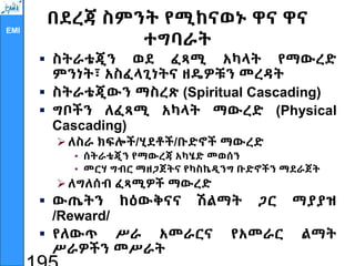 EMI
በደረጃ ስምንት የሚከናወኑ ዋና ዋና
ተግባራት
 ስትራቴጂን ወደ ፈጻሚ አካላት የማውረድ
ምንነት፣ አስፈላጊነትና ዘዴዎቹን መረዳት
 ስትራቴጂውን ማስረጽ (Spiritual Cascading)
 ግቦችን ለፈጻሚ አካላት ማውረድ (Physical
Cascading)
ለስራ ክፍሎች/ሂደቶች/ቡድኖች ማውረድ
• ሰትራቴጂን የማውረጃ አካሄድ መወሰን
• መርሃ ግብር ማዘጋጀትና የካስኬዲንግ ቡድኖችን ማደራጀት
ለግለሰብ ፈጻሚዎች ማውረድ
 ውጤትን ከዕውቅናና ሽልማት ጋር ማያያዝ
/Reward/
 የለውጥ ሥራ አመራርና የአመራር ልማት
ሥራዎችን መሥራት
 