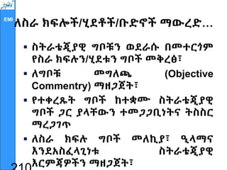 EMI
ለስራ ክፍሎች/ሂደቶች/ቡድኖች ማውረድ…
 ስትራቴጂያዊ ግቦቹን ወደራሱ በመተርጎም
የስራ ክፍሉን/ሂደቱን ግቦች መቅረፅ፣
 ለግቦቹ መግለጫ (Objective
Commentry) ማዘጋጀት፣
 የተቀረጹት ግቦች ከተቋሙ ስትራቴጂያዊ
ግቦች ጋር ያላቸውን ተመጋጋቢነትና ትስስር
ማረጋገጥ
 ለስራ ክፍሉ ግቦች መለኪያ፣ ዒላማና
እንደአስፈላጊነቱ ስትራቴጂያዊ
እርምጃዎችን ማዘጋጀት፣
 