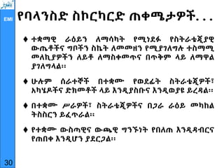 EMI የባላንስድ ስኮርካርድ ጠቀሜታዎች. . .
 ተቋማዊ ራዕይን ለማሳካት የሚነደፉ የስትራቴጂያዊ
ውጤቶችና ግቦችን ስኬት ለመመዘን የሚያገለግሉ ተስማሚ
መለኪያዎችን ለይቶ ለማስቀመጥና በጥቅም ላይ ለማዋል
ያገለግላል፡፡
 ሁሉም ሰራተኞች በተቋሙ የወደፊት ስትራቴጂዎች፣
አካሄዶችና ድክመቶች ላይ እንዲያስቡና እንዲወያዩ ይረዳል፡፡
 በተቋሙ ሥራዎች፣ ስትራቴጂዎችና በጋራ ራዕይ መካከል
ትስስርን ይፈጥራል፡፡
 የተቋሙ ውስጣዊና ውጫዊ ግንኙነት የበለጠ እንዲዳብርና
የጠበቀ እንዲሆን ያደርጋል፡፡
30
 