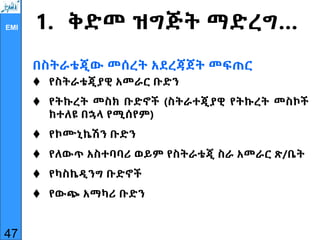 EMI 1. ቅድመ ዝግጅት ማድረግ…
በስትራቴጂው መሰረት አደረጃጀት መፍጠር
 የስትራቴጂያዊ አመራር ቡድን
 የትኩረት መስክ ቡድኖች (ስትራተጂያዊ የትኩረት መስኮች
ከተለዩ በኋላ የሚሰየም)
 የኮሙኒኬሽን ቡድን
 የለውጥ አስተባባሪ ወይም የስትራቴጂ ስራ አመራር ጽ/ቤት
 የካስኬዲንግ ቡድኖች
 የውጭ አማካሪ ቡድን
47
 