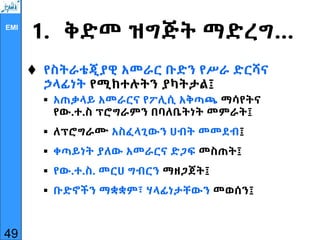 EMI
1. ቅድመ ዝግጅት ማድረግ…
 የስትራቴጂያዊ አመራር ቡድን የሥራ ድርሻና
ኃላፊነት የሚከተሉትን ያካትታል፤
 አጠቃላይ አመራርና የፖሊሲ አቅጣጫ ማሳየትና
የው.ተ.ስ ፕሮግራምን በባለቤትነት መምራት፤
 ለፕሮግራሙ አስፈላጊውን ሀብት መመደብ፤
 ቀጣይነት ያለው አመራርና ድጋፍ መስጠት፤
 የው.ተ.ስ. መርሀ ግብርን ማዘጋጀት፤
 ቡድኖችን ማቋቋም፣ ሃላፊነታቸውን መወሰን፤
49
 