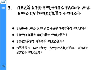 EMI 3. በደረጃ አንድ የሚተገበሩ የለውጥ ሥራ
አመራርና ኮሚዩኒኬሽን ተግባራት
 የለውጥ ሥራ አመራር ቁልፍ ጉዳዮችን መለየት፣
 የኮሚኒኬሽን ወርክሾፕ ማዘጋጀት፣
 የወርክሾፑን ግኝቶች ማደራጀት፣
 ግኝቶቹን አጠናቅሮ ለሚመለከታቸው አካላት
ሪፖርት ማድረግ፣
69
 