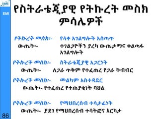 EMI
የስትራቴጂያዊ የትኩረት መስክ
ምሳሌዎች
የትኩረት መስክ፡- የላቀ አገልግሎት አሰጣጥ
ውጤት፡- ተገልጋዮችን ያረካ ውጤታማና ቀልጣፋ
አገልግሎት
የትኩረት መስክ፡- ስትራቴጂያዊ አጋርነት
ውጤት፡- ለጋራ ጥቅም የተፈጠረ የጋራ ትብብር
የትኩረት መስክ፡- መልካም አስተዳደር
ውጤት፡- የተፈጠረ የተጠያቂነት ባህል
የትኩረት መስክ፡- የማህበረሰብ ተሳታፊነት
ውጤት፡- ያደገ የማህበረሰብ ተሳትፎና እርካታ
86
 