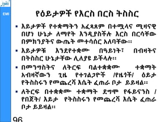 EMI የዕይታዎች የእርስ በርስ ትስስር
 እይታዎች የተቋማትን አፈጻጸም በተሟላና ሚዛናዊ
በሆነ ሁኔታ ለማየት እንዲያስችሉ እርስ በርሳቸው
በምክንያትና ውጤት መተሳሰር አለባቸው፡፡
 እይታዎቹ እንደየተቋሙ በዓይነት፣ በብዛትና
በትስስር ሁኔታቸው ሊለያዩ ይችላሉ፡፡
 በመንግስትና ለትርፍ ባልተቋቋሙ ተቋማት
አብዛኛውን ጊዜ የተገልጋዮች /የዜጎች/ ዕይታ
የትስስሩን የመጨረሻ እሴት ፈጠራ ቦታ ይይዛል፡፡
 ለትርፍ በተቋቋሙ ተቋማት ደግሞ የፋይናንስ /
የበጀት/ እይታ የትስስሩን የመጨረሻ እሴት ፈጠራ
ቦታ ይይዛል፡፡
 