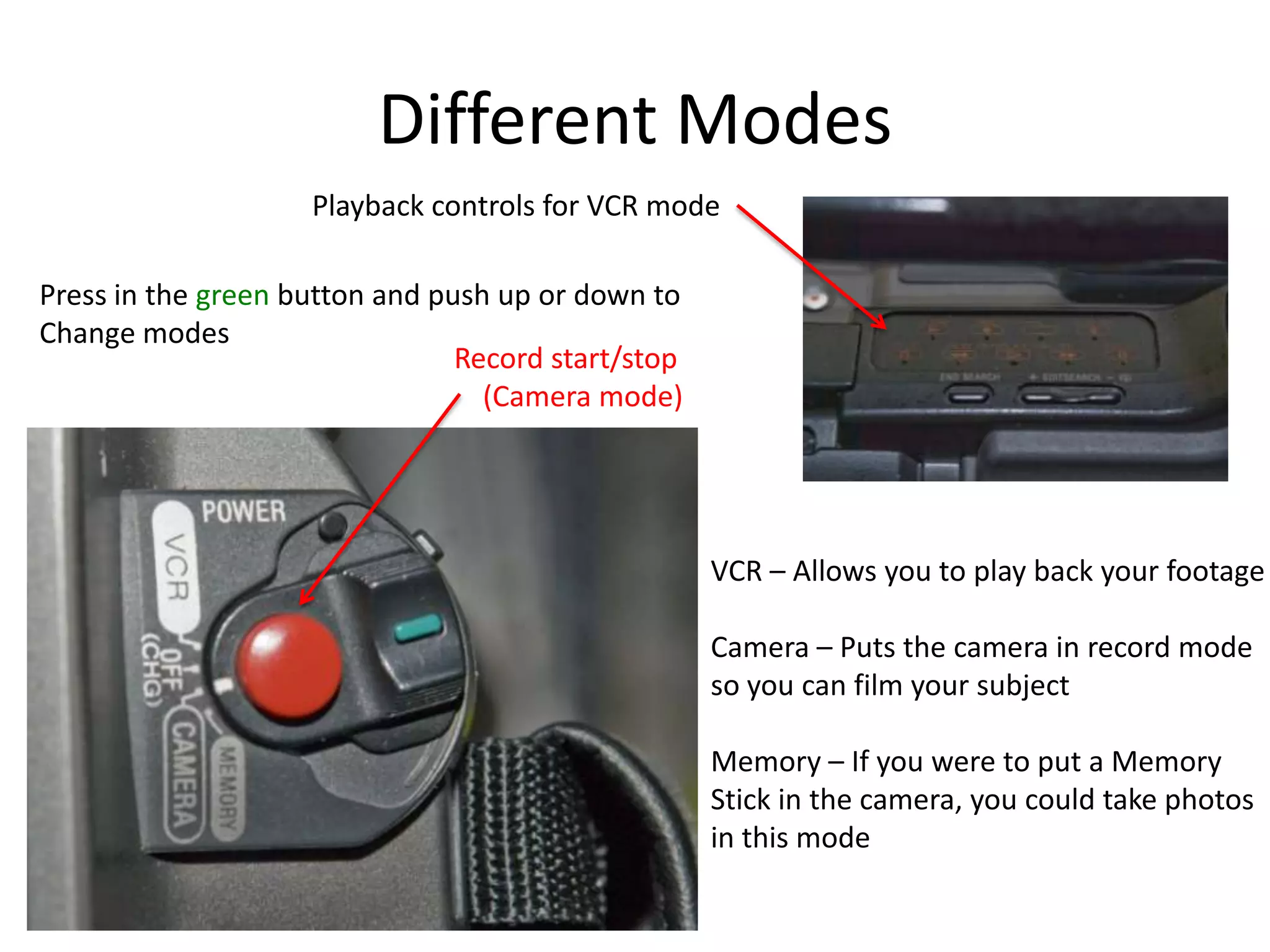 Different ModesPlayback controls for VCR modePress in the green button and push up or down toChange modesRecord start/stop    (Camera mode)VCR – Allows you to play back your footageCamera – Puts the camera in record modeso you can film your subjectMemory – If you were to put a MemoryStick in the camera, you could take photosin this mode
