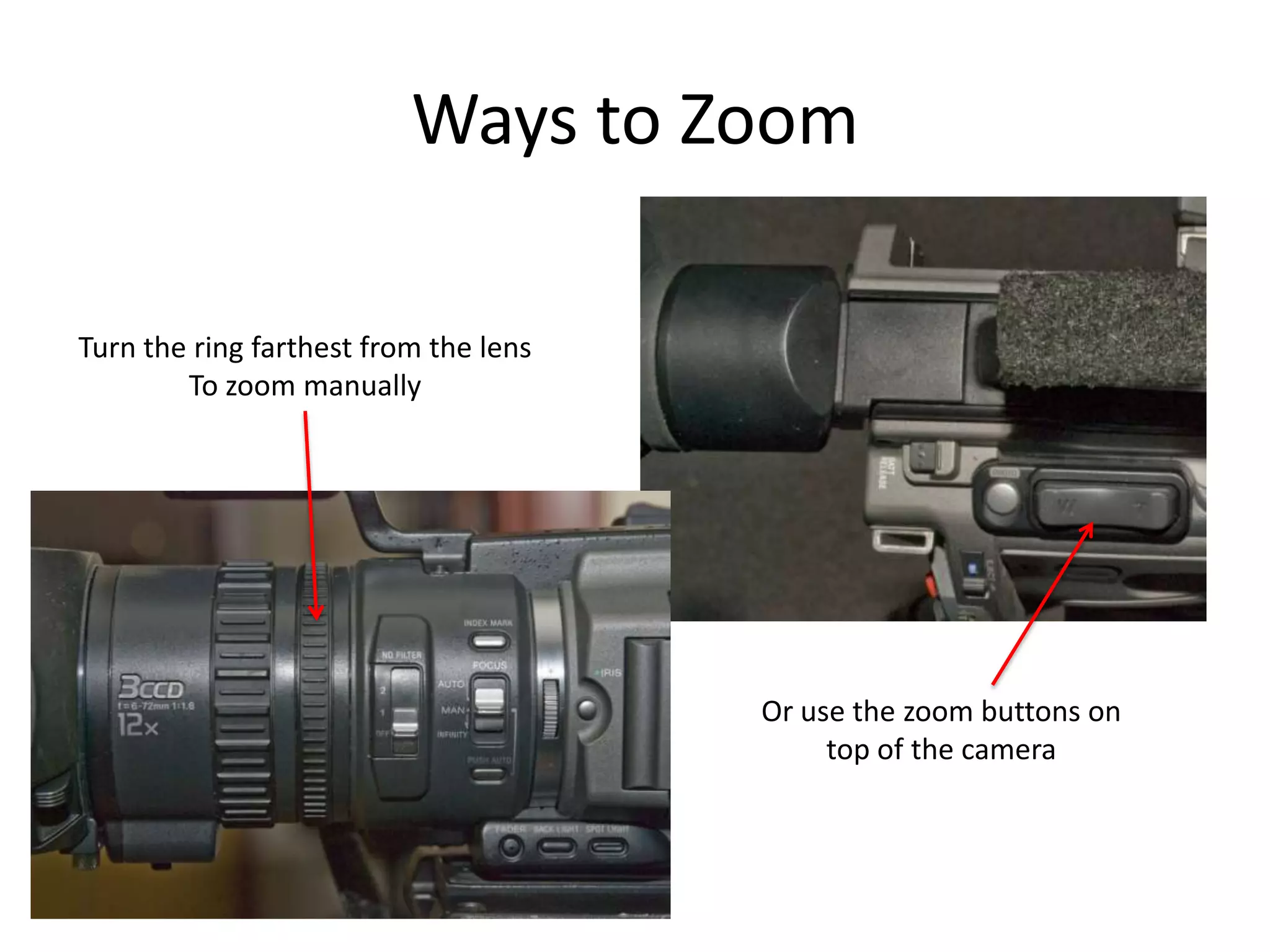 Ways to ZoomTurn the ring farthest from the lensTo zoom manuallyOr use the zoom buttons on top of the camera