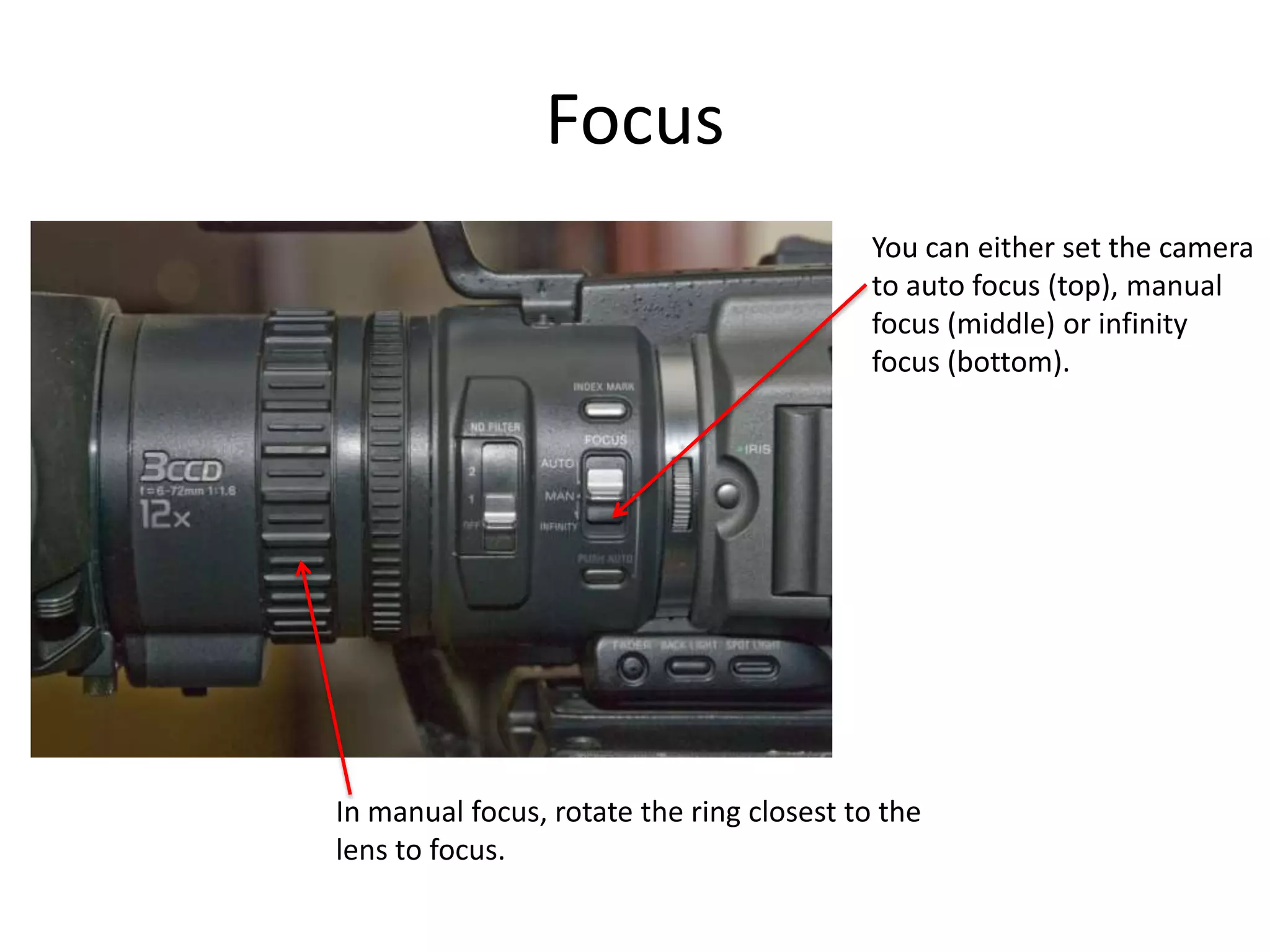 FocusYou can either set the camerato auto focus (top), manualfocus (middle) or infinityfocus (bottom).In manual focus, rotate the ring closest to the lens to focus.