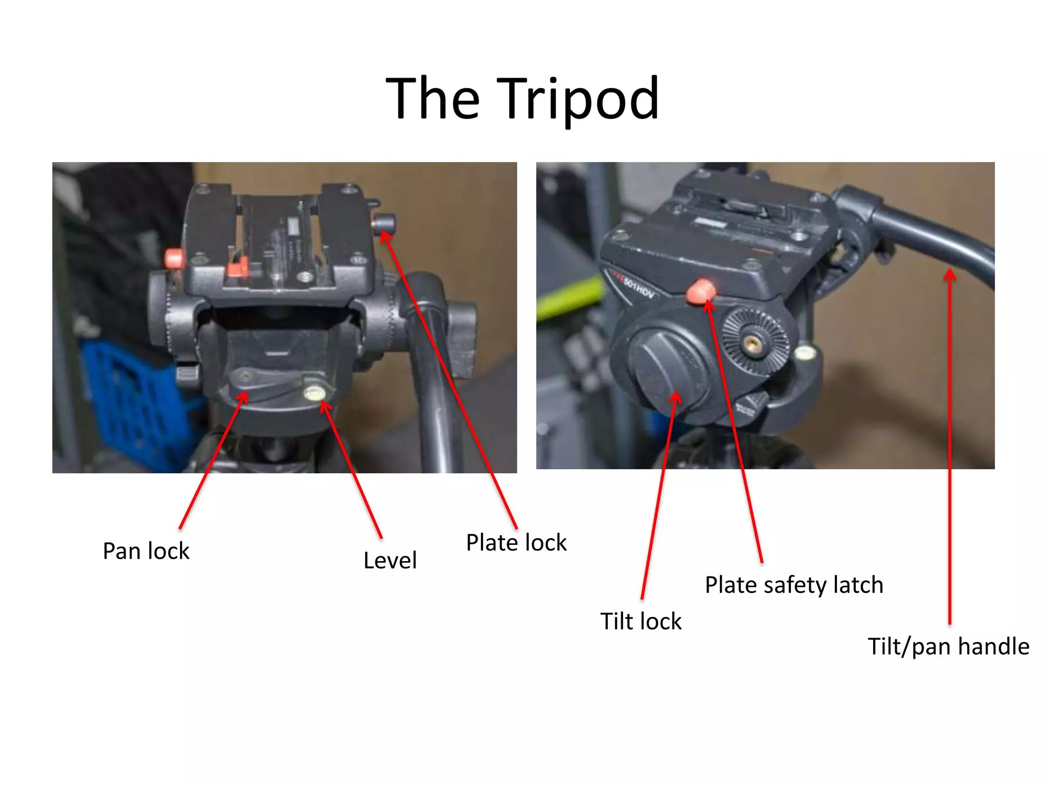 The TripodPlate lockPan lockLevelPlate safety latchTilt lockTilt/pan handle