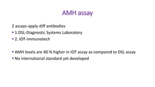 AMH assay
2 assays-apply diff antibodies
 1.DSL-Diagnostic Systems Laboratory
 2. IOT-immunotech
 AMH levels are 40 % higher in IOT assay as compared to DSL assay
 No international standard yet developed
 