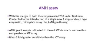 AMH assay
 With the merger of both the companies in 2010 under Beckman
Coulter led to the introduction of a single new 2 step sandwich type
enzymatic , microplate assay (the AMH gen II assay)
 AMH gen II assay is calibrated to the old IOT standards and are thus
comparable to IOT assay
 It has 2 fold greater sensitivity than the IOT assay
 