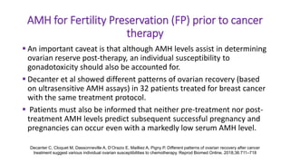 AMH for Fertility Preservation (FP) prior to cancer
therapy
 An important caveat is that although AMH levels assist in determining
ovarian reserve post-therapy, an individual susceptibility to
gonadotoxicity should also be accounted for.
 Decanter et al showed different patterns of ovarian recovery (based
on ultrasensitive AMH assays) in 32 patients treated for breast cancer
with the same treatment protocol.
 Patients must also be informed that neither pre-treatment nor post-
treatment AMH levels predict subsequent successful pregnancy and
pregnancies can occur even with a markedly low serum AMH level.
Decanter C, Cloquet M, Dassonneville A, D’Orazio E, Mailliez A, Pigny P. Different patterns of ovarian recovery after cancer
treatment suggest various individual ovarian susceptibilities to chemotherapy. Reprod Biomed Online. 2018;36:711–718
 