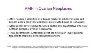 AMH in Ovarian Neoplasms
AMH has been identified as a tumor marker in adult granulosa cell
tumors since a long time and levels are elevated in up to 93% cases.
More recent reviews have focussed on the anti-proliferative effects of
AMH on epithelial ovarian neoplasms.
Thus, recombinant AMH holds great promise as an investigational
targeted therapy in epithelial ovarian cancers.
Roness, H., Spector, I., Leichtmann-Bardoogo, Y. et al. Pharmacological administration of recombinant human AMH rescues ovarian reserve and preserves
fertility in a mouse model of chemotherapy, without interfering with anti-tumoural effects. J Assist Reprod Genet 36, 1793–1803 (2019)
 