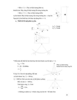 22
+ Khi a ≈ λ → Xảy ra hiện tượng phản xạ
khuếch tán. Đây cũng là hiện tượng tốt trong trường âm.
+ Khi a << λ → Xảy ra hiện tượng nhiễu
xạ âm thanh. Đây là hiện tượng xấu trong trường âm → loại bỏ.
Nguyên lý âm hình học chỉ được áp dụng khi a >> λ.
a. Thiết kế bề mặt phản xạ âm.
* Điều kiện để thiết kế âm hình học khi kích thước các bề mặt a >> λ
λmax = 17m
f = 20 ÷ 20.000hz
f
c
=λ .
Ví dụ: Có 2 âm tới mặt phẳng .Bề mặt
có kích thước 3m; f1 = 100 hz;
f2 = 1000 hz.Tinh xem âm nào có thể phản xạ được
Đối với âm f1 = 100 hz;
Tinh bước sóng λ1=3,4m
m4,3
100
340
1 ==λ .
→ Không có phản xạ vì bước sóng của âm tới > bề mặt (3m)
o
Phản xạ định hướng
khuếch tán từ mặt cong lồi
3m
α α
N
1,5m
7 ÷ 8m
B
A
N
N
3m
o
LB
tt
< 70 dB
LA
tt
≥ 70 dB
a
Q
Q
 