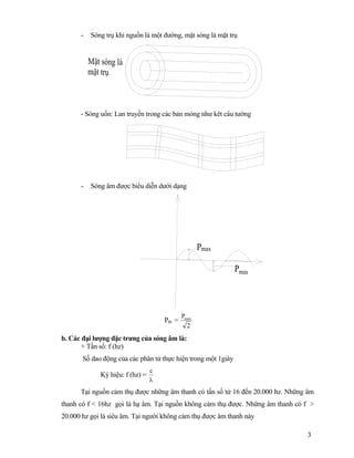 3
- Sóng trụ khi nguồn là một đường, mặt sóng là mặt trụ
- Sóng uốn: Lan truyền trong các bản mỏng như kêt câu tường
- Sóng âm được biểu diễn dưới dạng
Ptb =
2
Pmax
b. Các đại lượng đặc trưng của sóng âm là:
+ Tần số: f (hz)
Số dao động của các phân tử thực hiện trong một 1giây
Ký hiệu: f (hz) =
λ
c
Tại nguồn cảm thụ được những âm thanh có tần số từ 16 đến 20.000 hz. Những âm
thanh có f < 16hz gọi là hạ âm. Tại nguồn không cảm thụ được. Những âm thanh có f >
20.000 hz gọi là siêu âm. Tại người không cảm thụ được âm thanh này
 