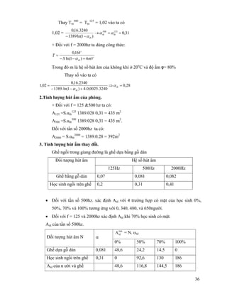36
Thay Ttn
500
= Ttn
125
= 1,02 vào ta có
1,02 = 31,0
)1ln(1389
3240.16,0 125500
==→
−−
tbtb
tb
αα
α
+ Đối với f = 2000hz ta dùng công thức:
mVS
V
T
tb 4)1ln(
16,0
+−−
=
α
Trong đó m là hệ số hút âm của không khí ở 20o
C và độ ẩm φ= 80%
Thay số vào ta có
28,0
3240.0025,0.4)1ln(.1389
2340.16,0
02,1 =⇒
+−−
= tb
tb
α
α
2.Tính lượng hút ẩm của phòng.
+ Đối với f = 125 &500 hz ta có:
A125 =S.αtb
125
1389.028 0,31 = 435 m2
A500 =S.αtb
500
1389.028 0,31 = 435 m2
.
Đối với tần số 2000hz ta có:
A2000 = S.αtb
2000
= 1389.0.28 = 392m2
3. Tính lượng hút ẩm thay đổi.
Ghế ngồi trong giang đường là ghế dựa bằng gỗ dán
Hệ số hút âmĐối tượng hút âm
125Hz 500Hz 2000Hz
Ghế bằng gỗ dán 0,07 0,081 0,082
Học sinh ngồi trên ghế 0,2 0,31 0,41
• Đối với tần số 500hz. xác định Atd với 4 trường hợp có mặt của học sinh 0%,
50%, 70% và 100% tương ứng với 0, 340, 480, và 650người.
• Đối với f = 125 và 2000hz xác định Atd khi 70% học sinh có mặt.
Atd của tần số 500hz.
500
tdA = N. αtd
Đối tượng hút âm N α
0% 50% 70% 100%
Ghế dựa gỗ dán 0,081 48,6 24,2 14,5 0
Học sinh ngồi trên ghế 0,31 0 92,6 130 186
Atd của n ười và ghế 48,6 116,8 144,5 186
 