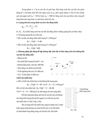 53
Trong phạm vi 1 ốc ta của tần số giới hạn, khả năng cách âm của kết cấu giảm
đáng kể vì thế phải thuế kết cấu ngăn cách có fgh nằm ngoài phạm vi tần số tiêu chuẩn
yêu cầu ngăn cách fgh < 100 hz hoặc fgh > 3200 hz bằng cách cấu tạo thêm sườn cứng để
tăng thêm độ cứng hoặc xẻ rảnh làm mềm kết cấu
b. Lượng hút âm trung bình của kết cấu đồng nhất:
Rtb =
n
R....RR n21 ++
R1, R2 ....Rn là khả năng cách âm của kết cấu đồng nhất ở những quảng độ cao khác nhau.
n: Số lượng quảng độ cao tính toán
* Đối với kết cấu đồng nhất, khối lượng P ≤ 200 kg/m2
Rtb = 13lgP + 13 dB
* Đối với kết cấu đồng nhất, khối lượng P ≥ 200 kg/m2
Rtb = 23lgP - 9dB
c. Phương pháp gần đúng để lập đường đặc tính tần số khả năng cách âm không khí
của kết cấu đồng nhất
- Dựng toạ độ
- Xác định khối lượng bề mặt P = ρh
- Đường đồng tính, cách âm ABCDE
- Theo bảng xác định toạ độ B &C
- Từ B nghiêng bên trái về 6 dB/octa
- Từ C về bên phải 10 dB/octa
2.Kết cấu nhiều lớp:
a. Đối với kết cấu nhiều lớp có lớp không khí trung gian
Rtb = 23lgP - 9 + 4R'
. Với P = P1 + P2 ≥ 200 kg/m2
Đối với kết cấu nhiều lớp : Rtb 13lgP + 13 + ∆R dB
Với P = P1 + P2 < 200 kg/m2
& ∆R lượng cách âm tăng thêm
Để làm tăng khả năng cách âm R của kết cấu mà không
làm tăng khối lượng bề mặt thì người ta có thể cấu tạo kết
cấu nhiều lớp: Có thể 2 lớp, 3 lớp.
Khi sử dụng kết cấu nhiều lớp, người ta phải chú ý tránh
hiện tượng cộng hưởng của toàn bộ kết cấu và có thể tránh
sự hình thành sóng đứng trong các lớp kết cấu. Để tránh
1octa
B C
D
6dB/octa
6dB/octa
A
38
100 200 400 800 1600 3200 hz
R (dB)
Lớp không
khí trung gian
220 110
50÷ 100
 